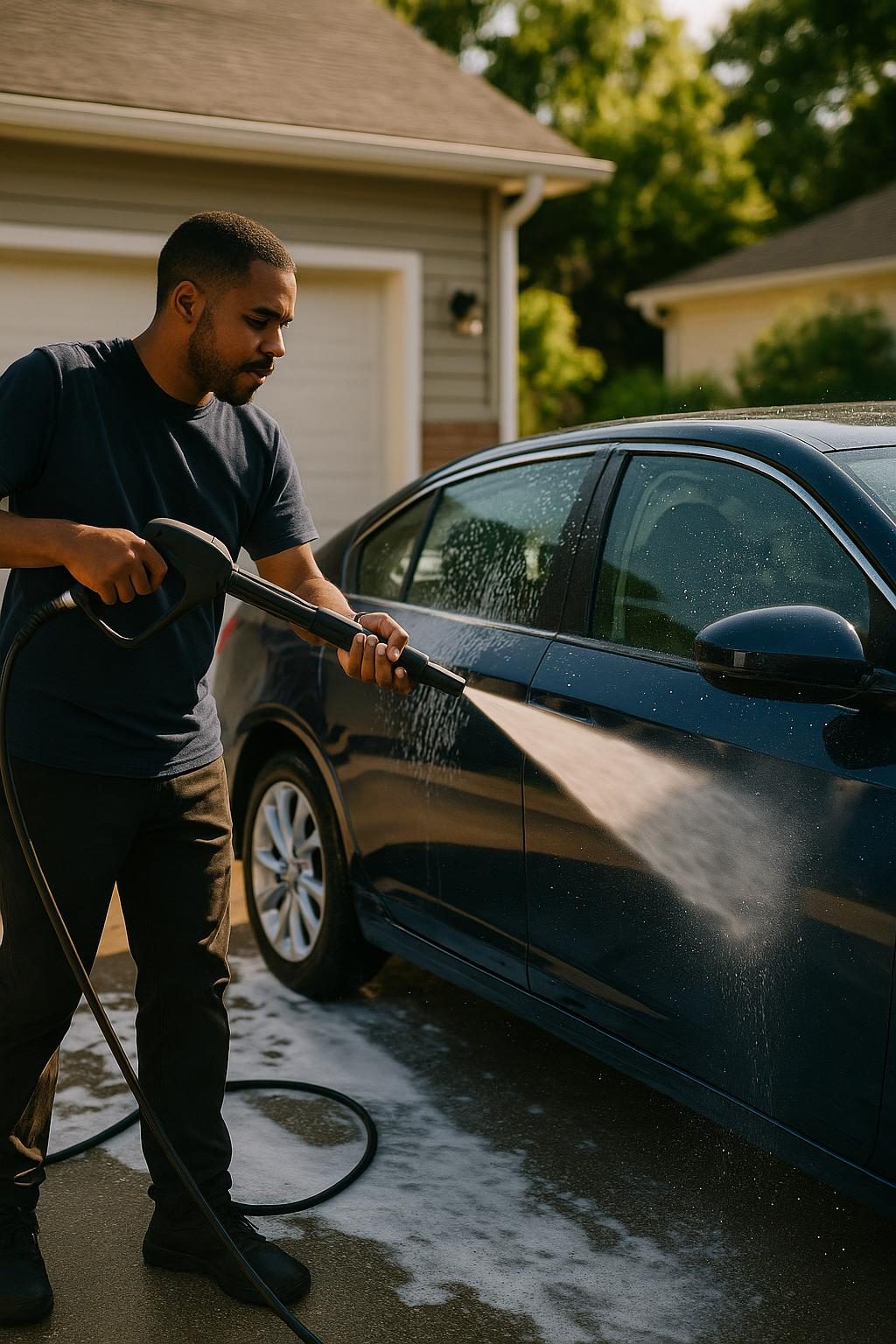 A detailer rinsing foam off a blue car in a driveway