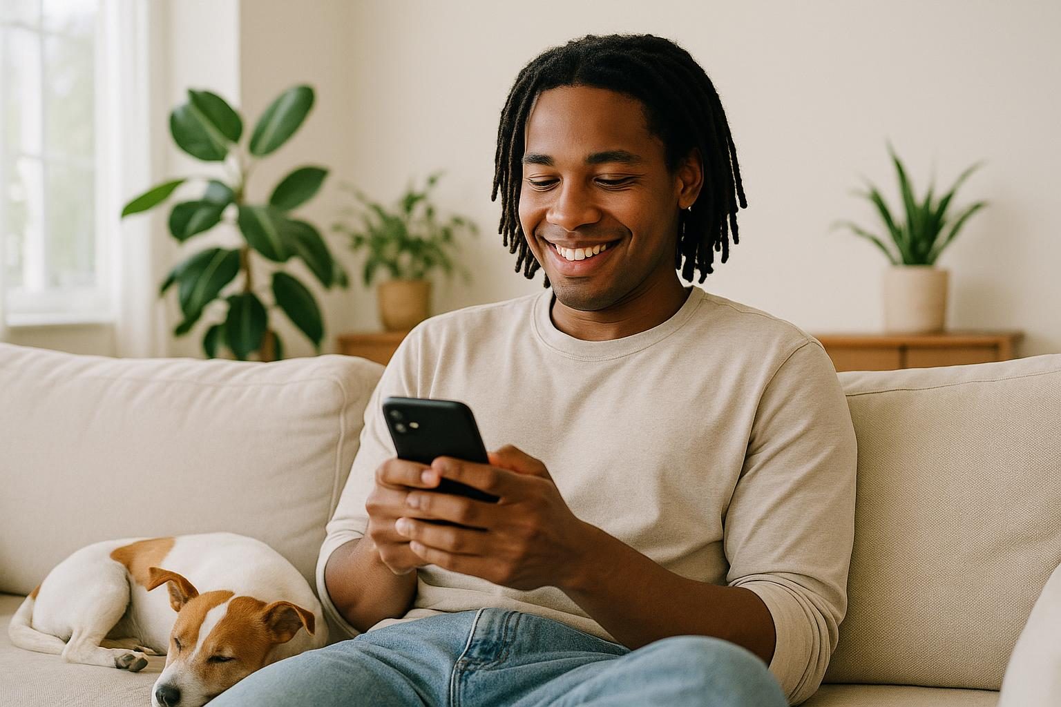A customer relaxing at home, checking an update on their phone