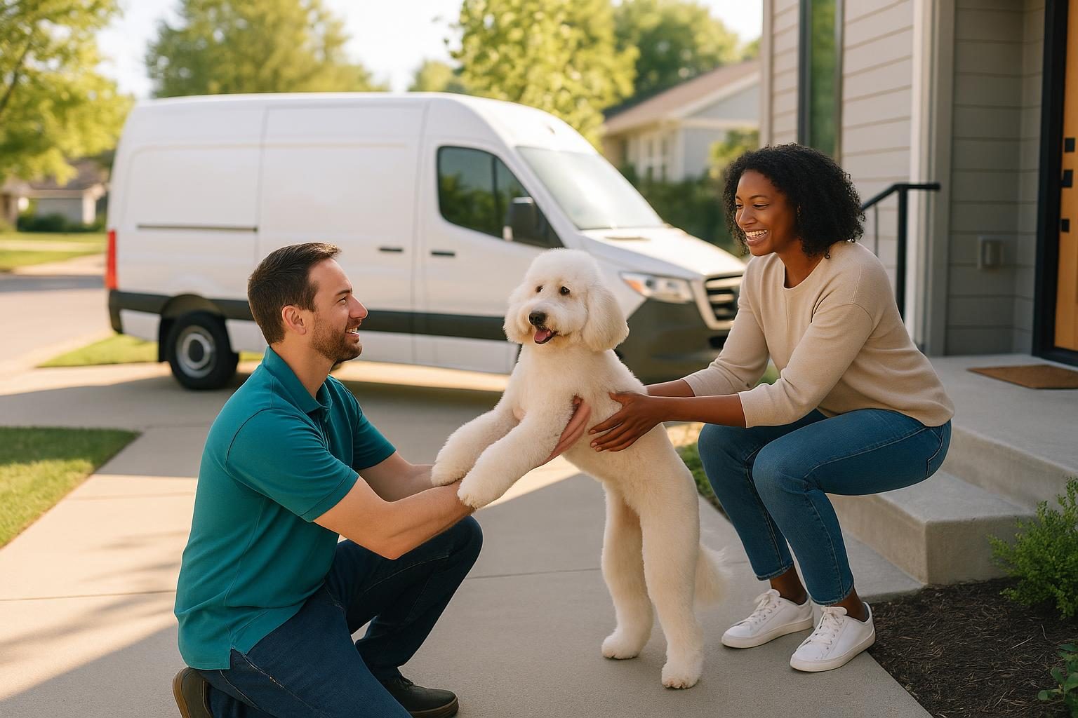 A mobile groomer handing a freshly groomed dog back to its owner
