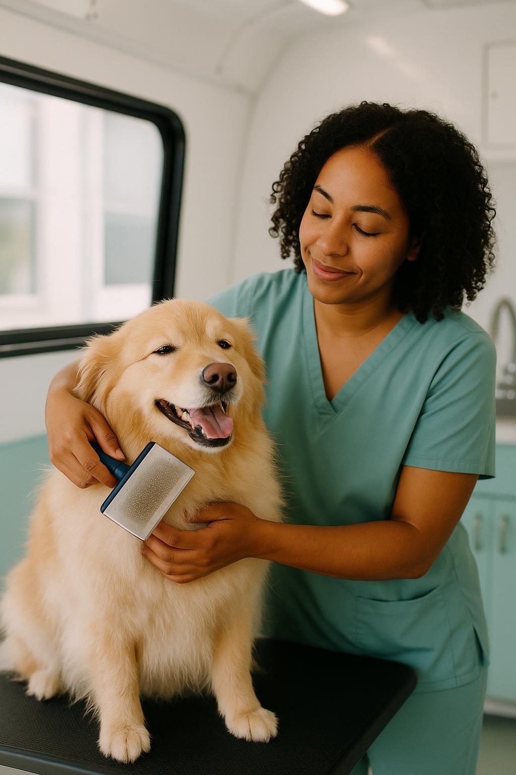 A groomer brushing a happy golden dog
