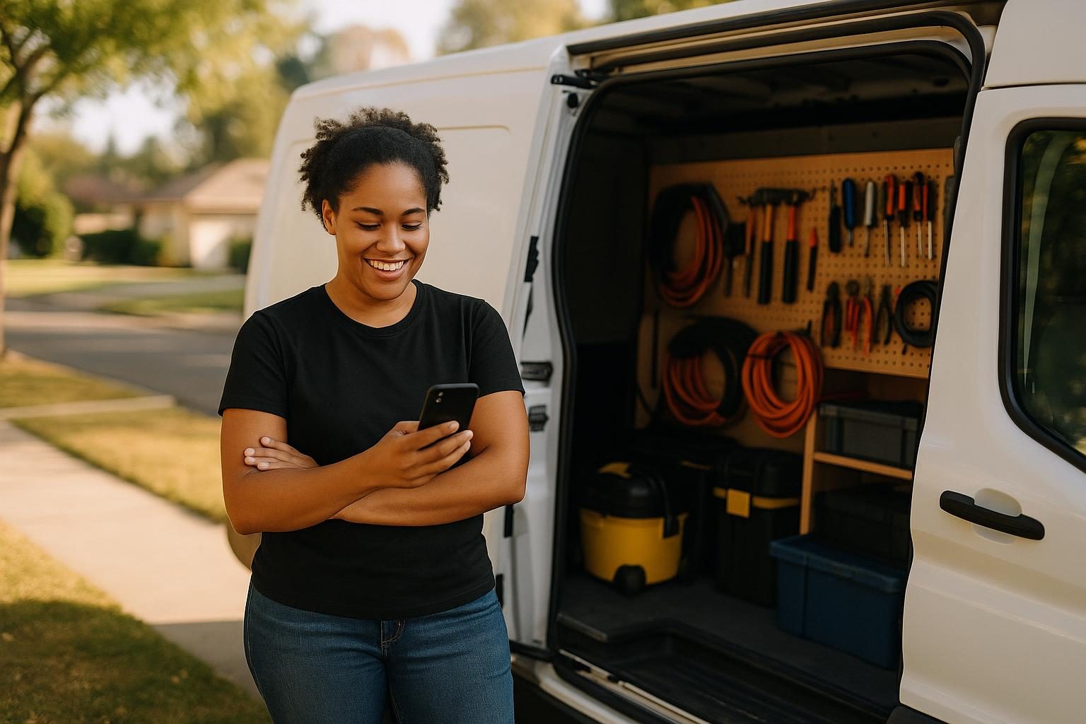 A service pro beside their van, checking their schedule